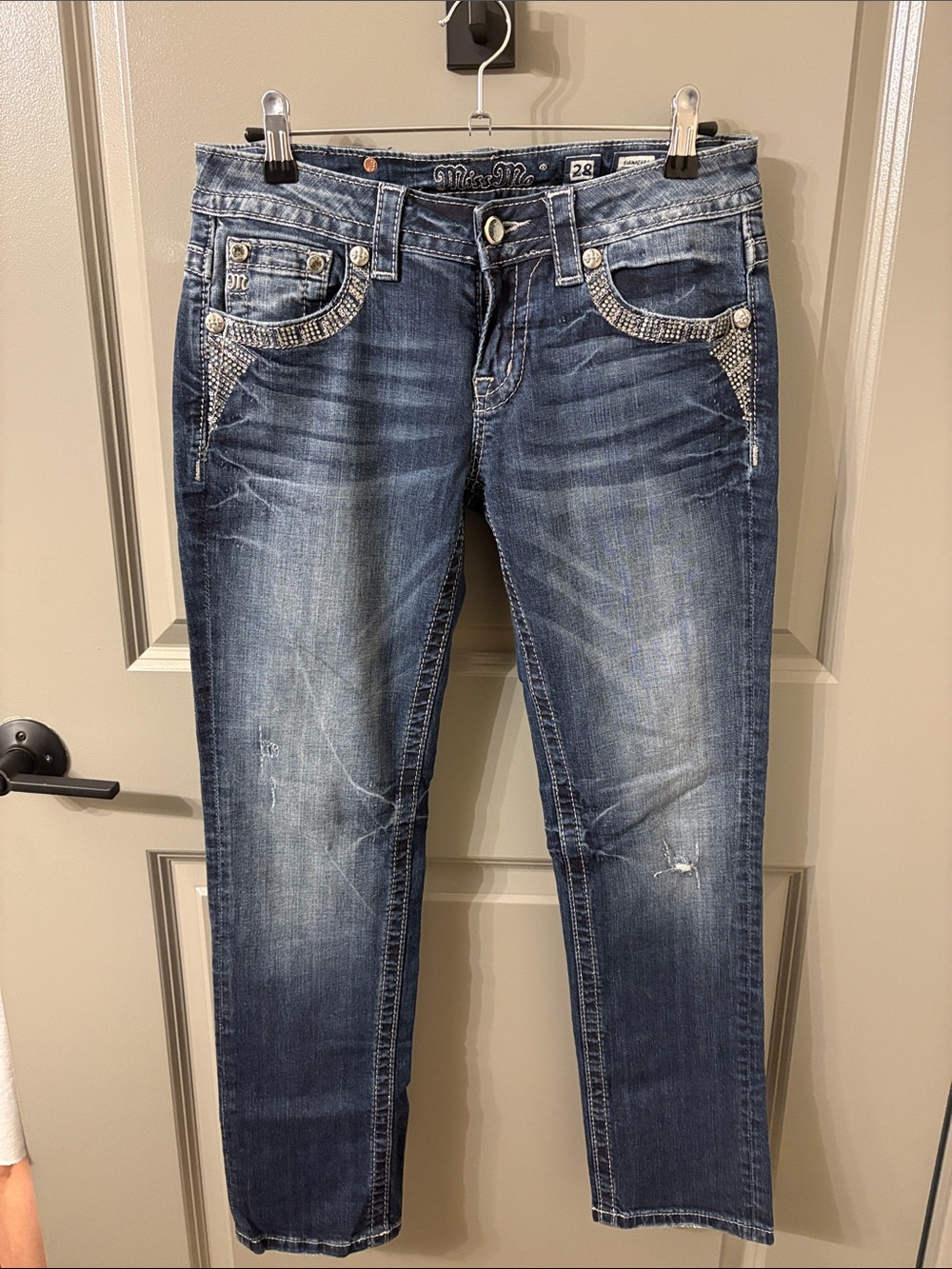 Miss Me Medium Blue Skinny Jeans with Rhinestone Pocket Trim